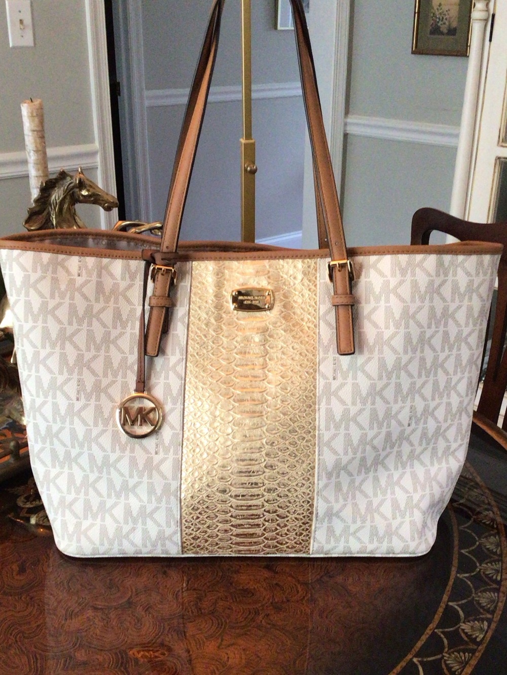 Michael Kors Jet Set White & Gold Tote Bag with Gold Python Embossing $350